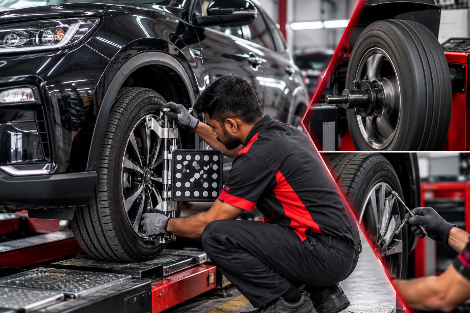 Car wheel on a hydraulic lift for alignment